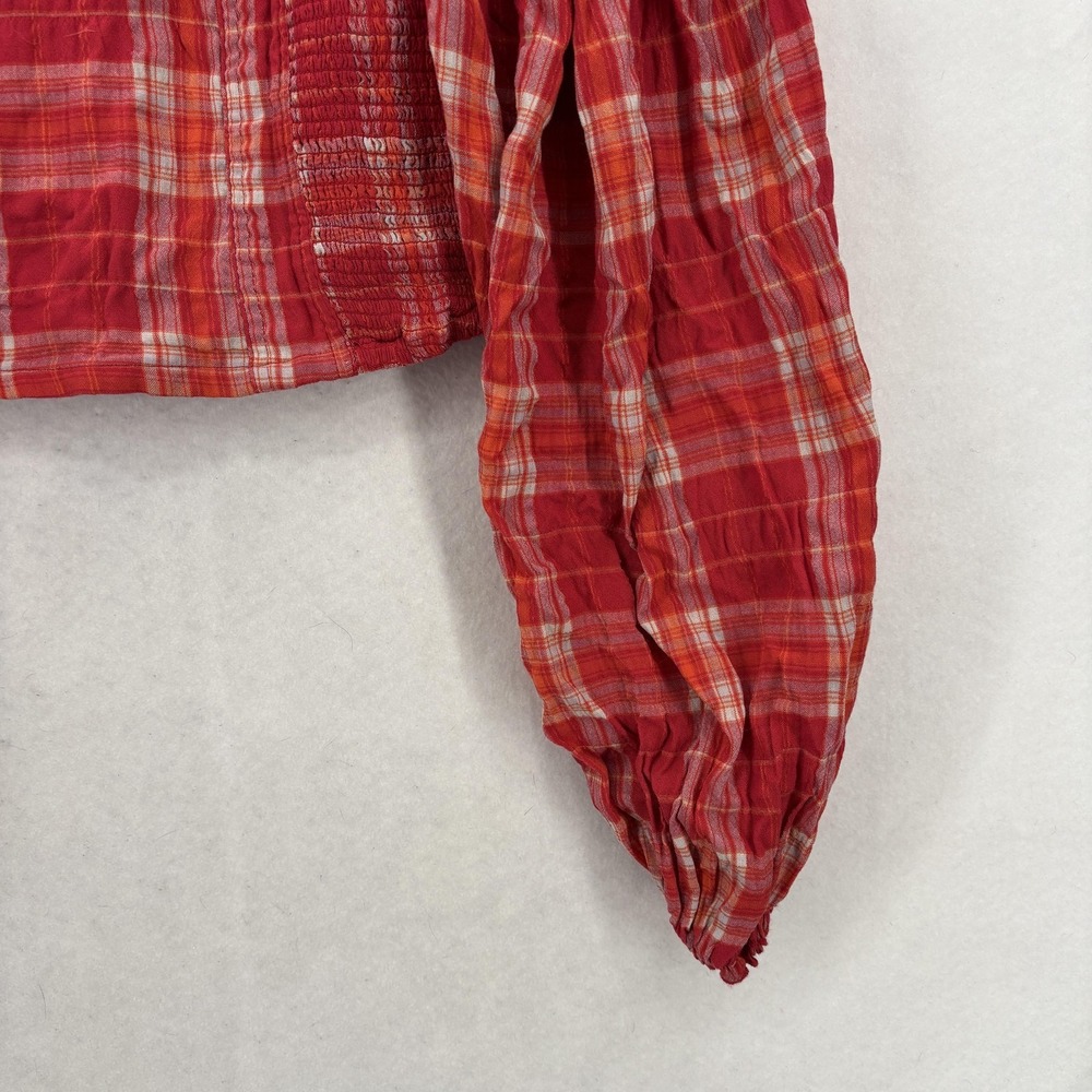 Free People Cherry Bomb Blouse Womens XS Red Plaid Off Shoulder Crop Babydoll - Picture 3 of 14